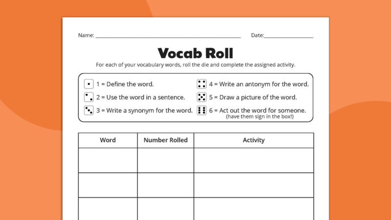 Vocab Roll Flat lay of Vocab Roll vocabulary worksheet