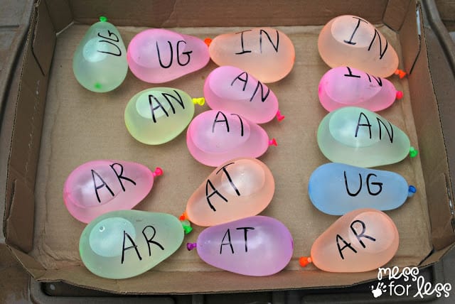 water-balloon-phonics water balloons with letters written on them for a water activity