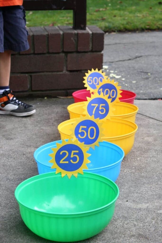 water-balloon-toss bins with numbers 25 30 35 40 50