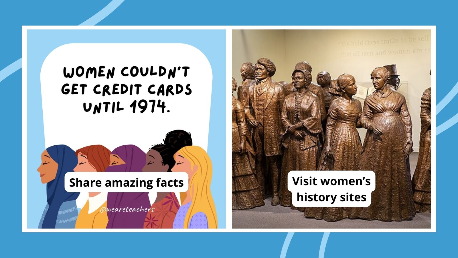 Collage of women's history month activities, including "Share famous facts" and "Visit a women's history site"