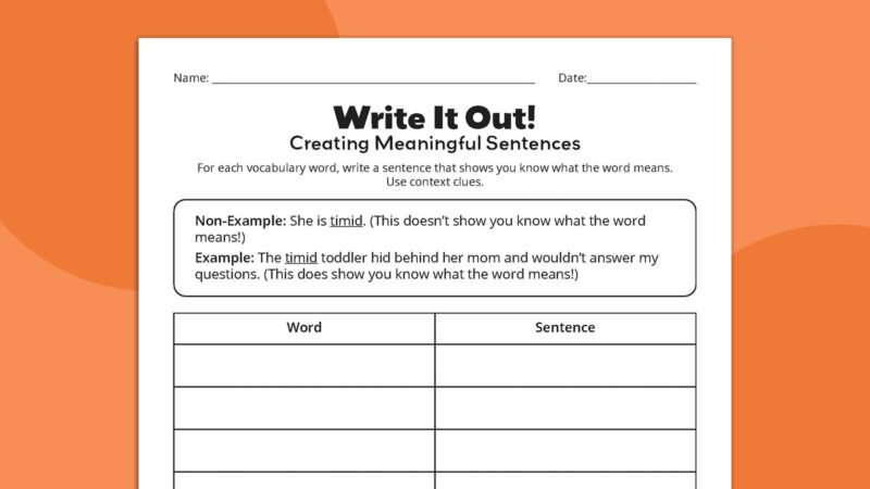 Write It Out Flat lay of Write It Out vocabulary worksheet